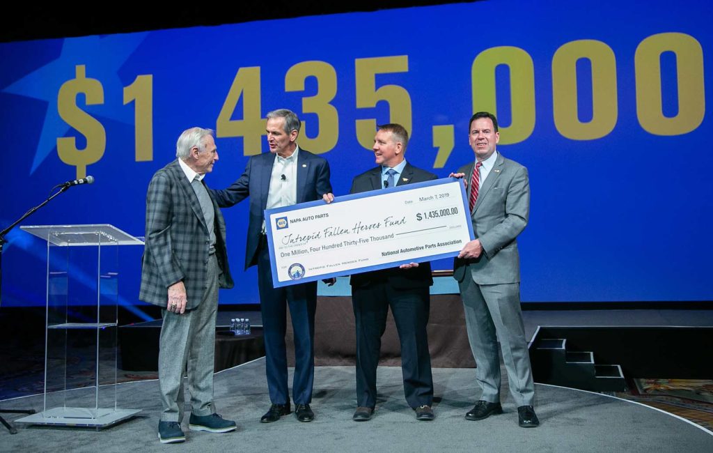 On March 7, NAPA Auto Parts presented the Intrepid Fallen Heroes Fund (IFHF) with a check for $1.4M raised through NAPA’s 2018 Get Back and Give Back campaign. In the photo (left to right): Honorary IFHF Chairman Arnold Fisher, NAPA President Dan Askey, Retired Navy SEAL Erick Peterson, and IFHF President David Winters.